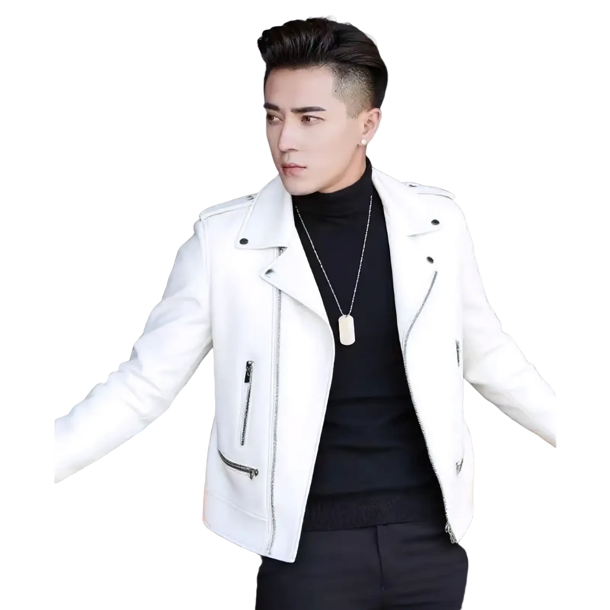Men’s white leather biker jacket with silver zippers and shoulder epaulets casual zip outerwear