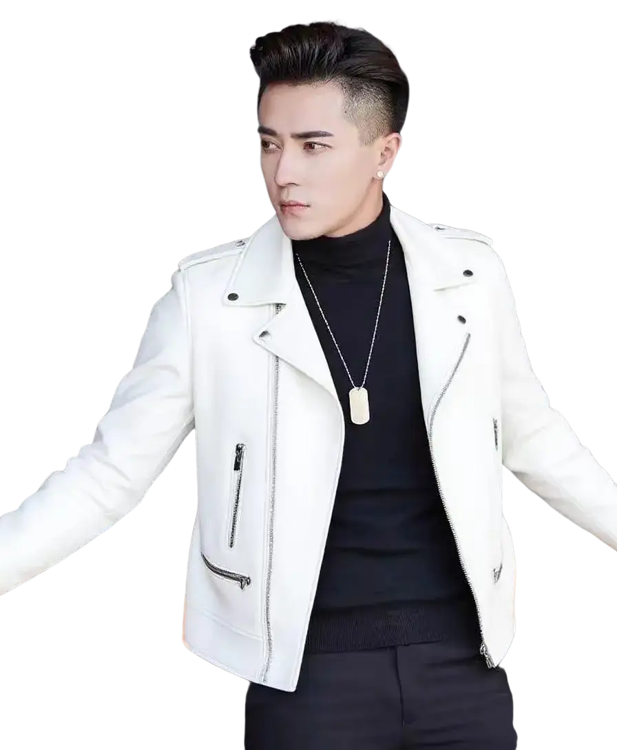 Men’s white leather biker jacket with silver zippers and black snap buttons casual zip outerwear