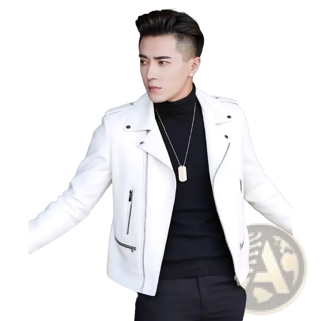 Men’s white leather biker jacket with silver zippers and shoulder epaulets casual zip outerwear