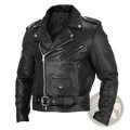 Men’s black leather biker jacket punk style slim fit coat with silver zippers and snap buttons