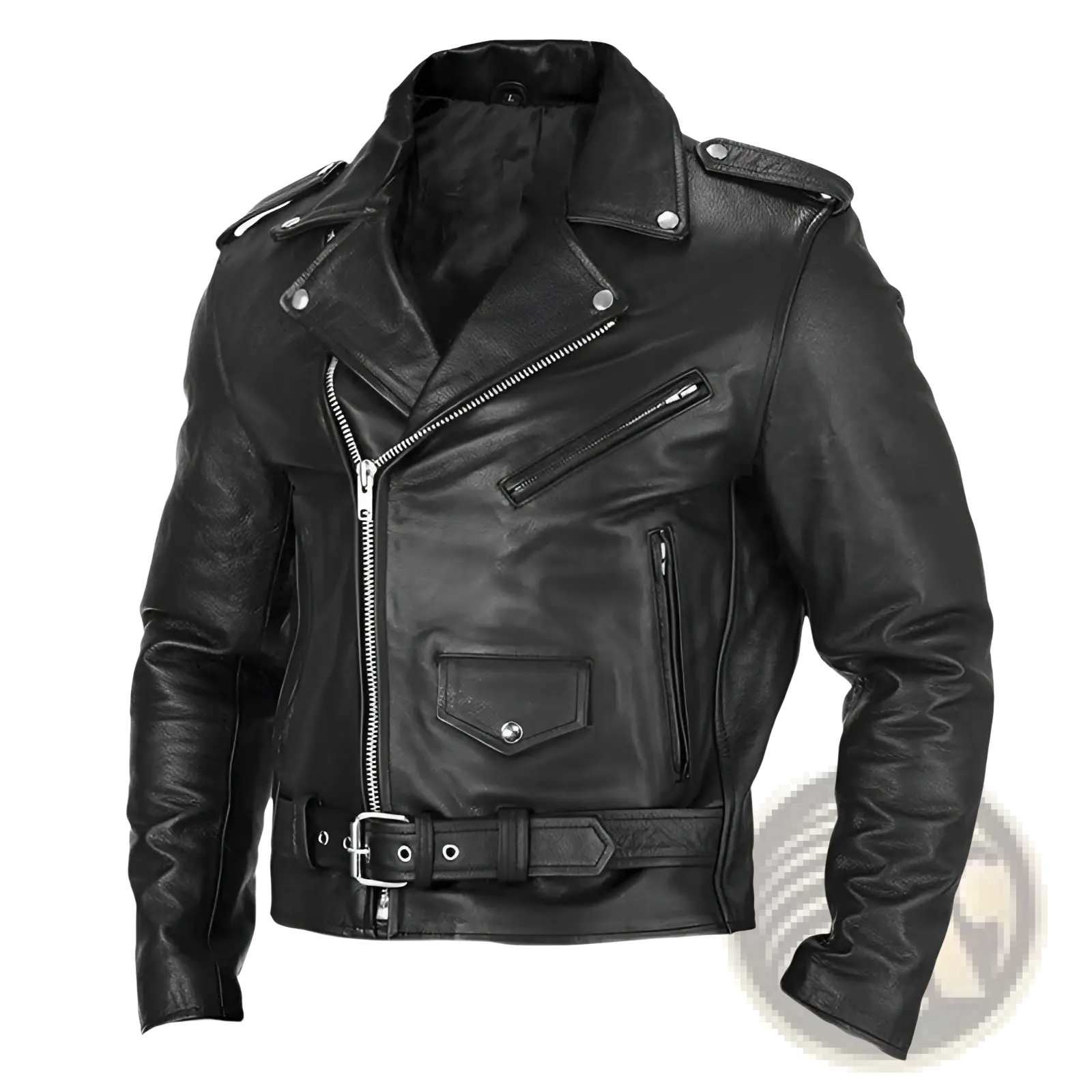 Men’s black leather biker jacket punk style slim fit coat with silver zippers and snap buttons