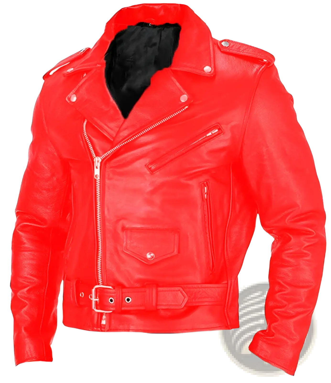 Men’s slim fit punk style leather biker jacket in vibrant red with silver zippers and black interior lining