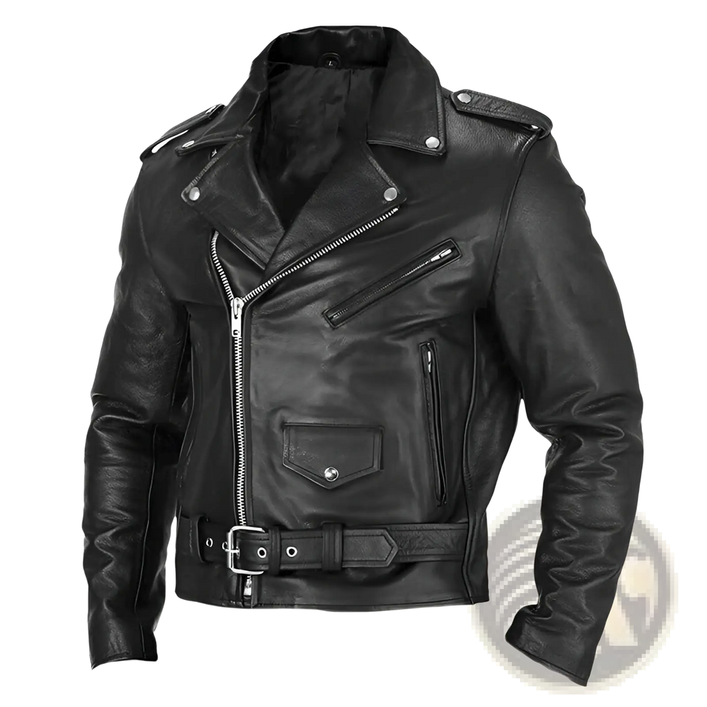 Men’s leather biker jacket punk style slim fit coat black with silver zippers and snap buttons