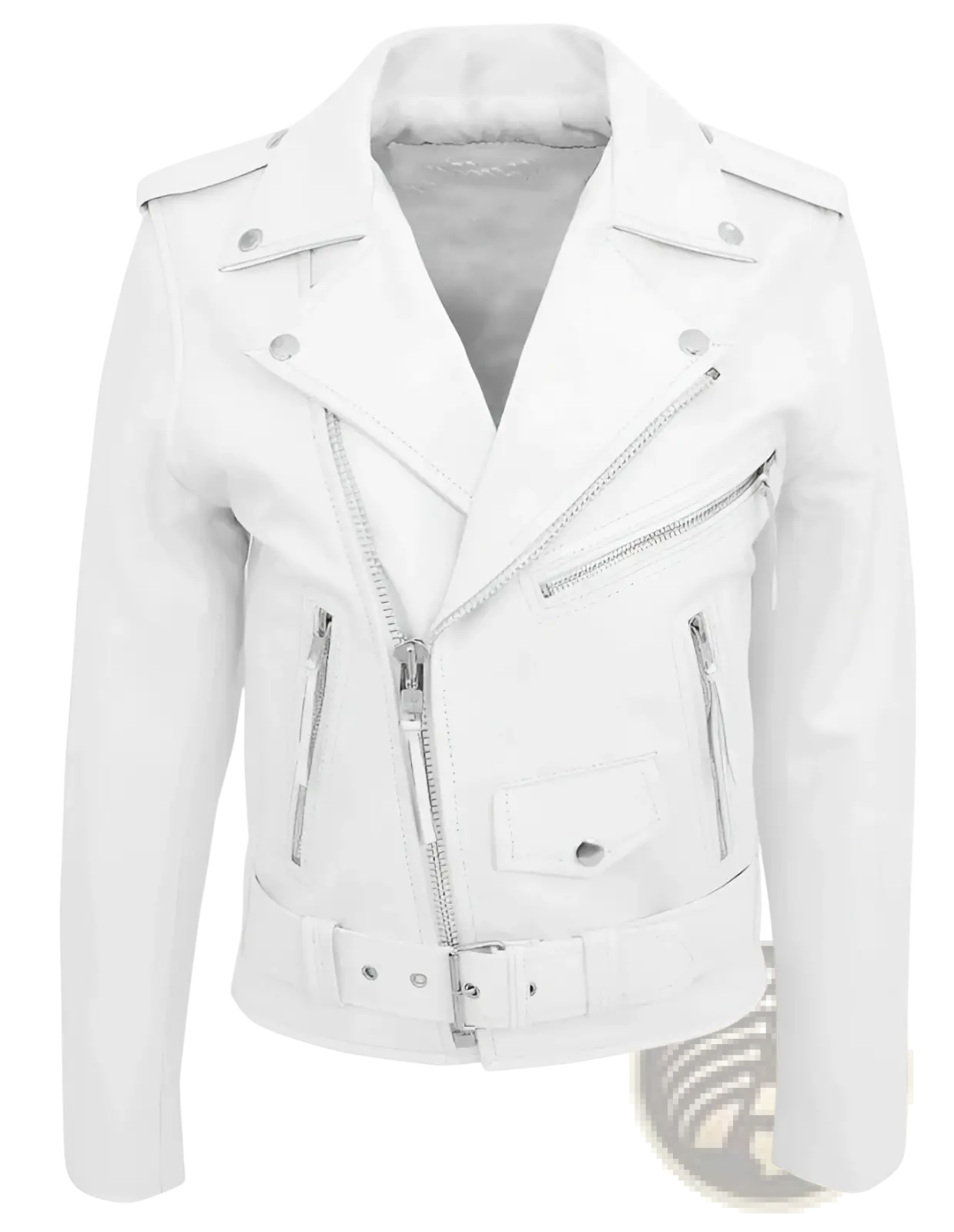 Men’s white leather biker jacket punk style slim fit coat with silver zippers and snap buttons
