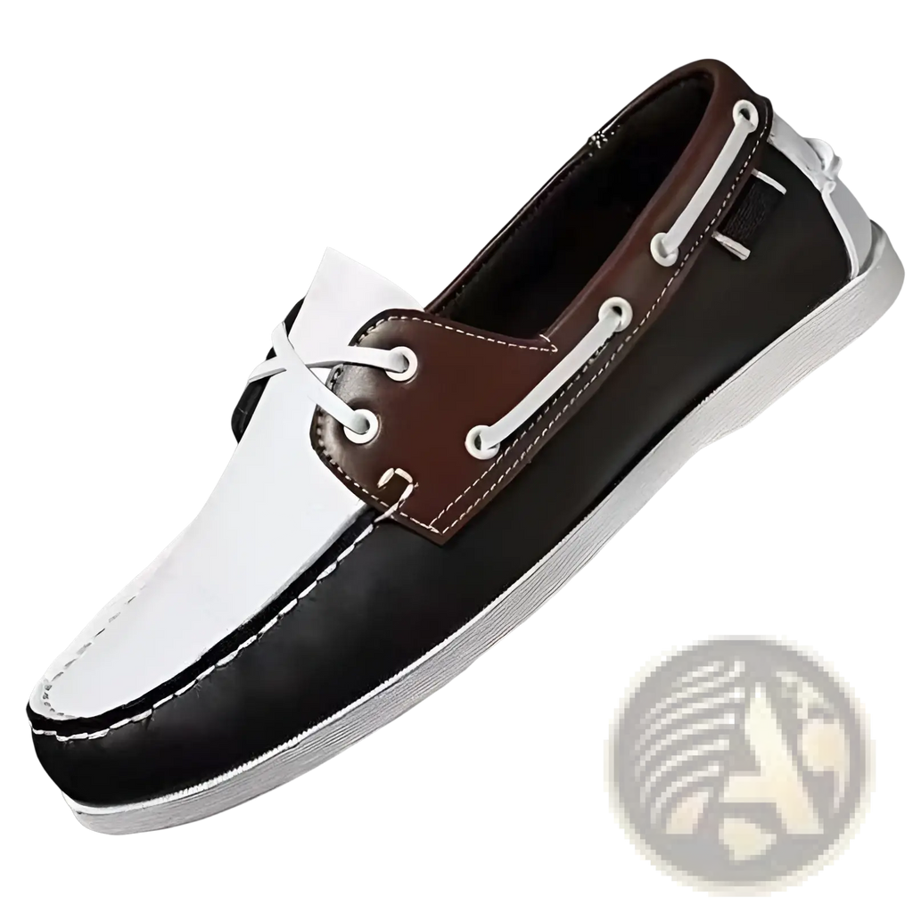 Men’s leather boat shoes with a black and white upper, brown leather accents, and white laces for business casual wear
