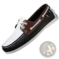 Men’s leather boat shoes with a black and white upper, brown leather accents, and white laces for business casual wear