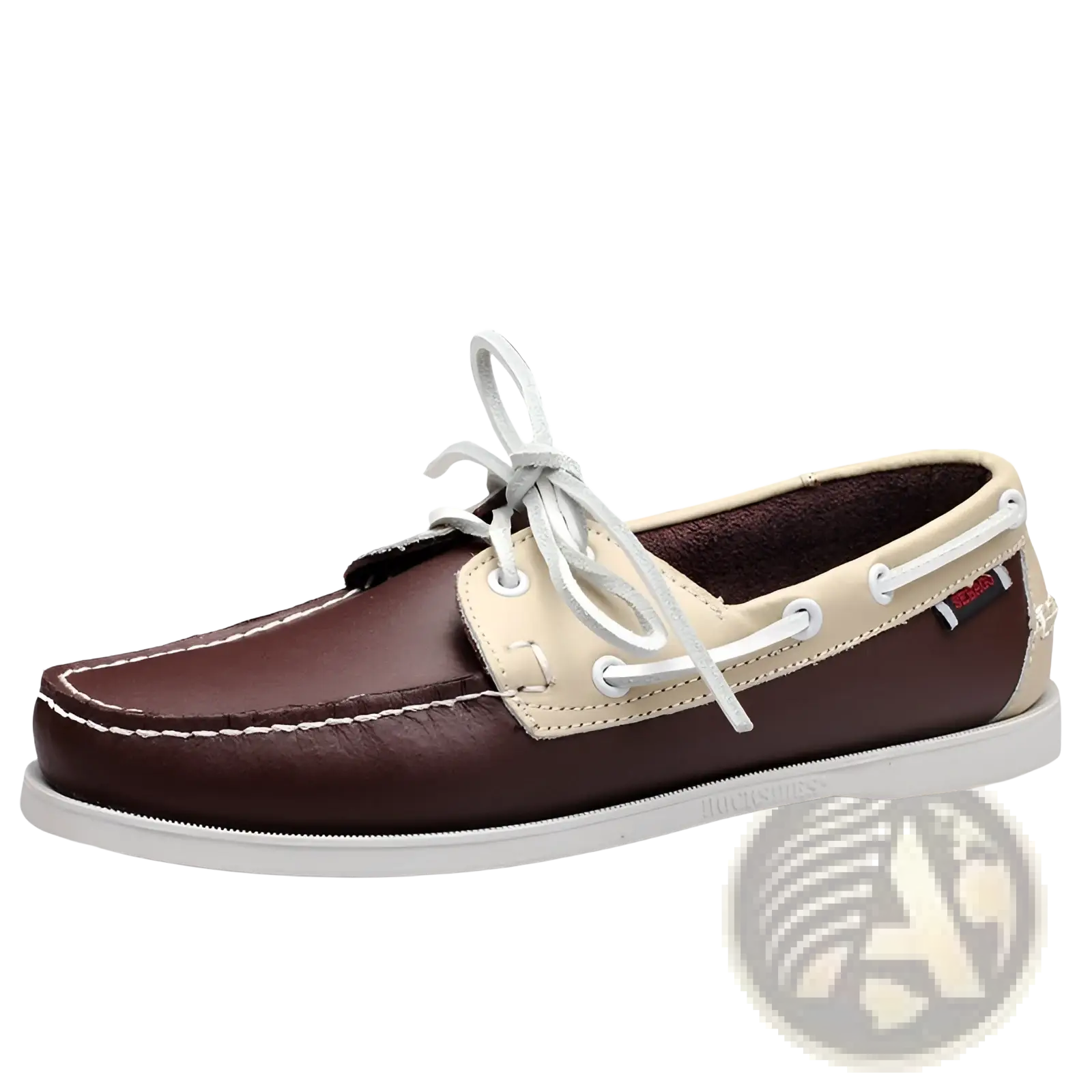 Men’s leather boat shoes in brown and beige with white laces and stitching for business casual wear