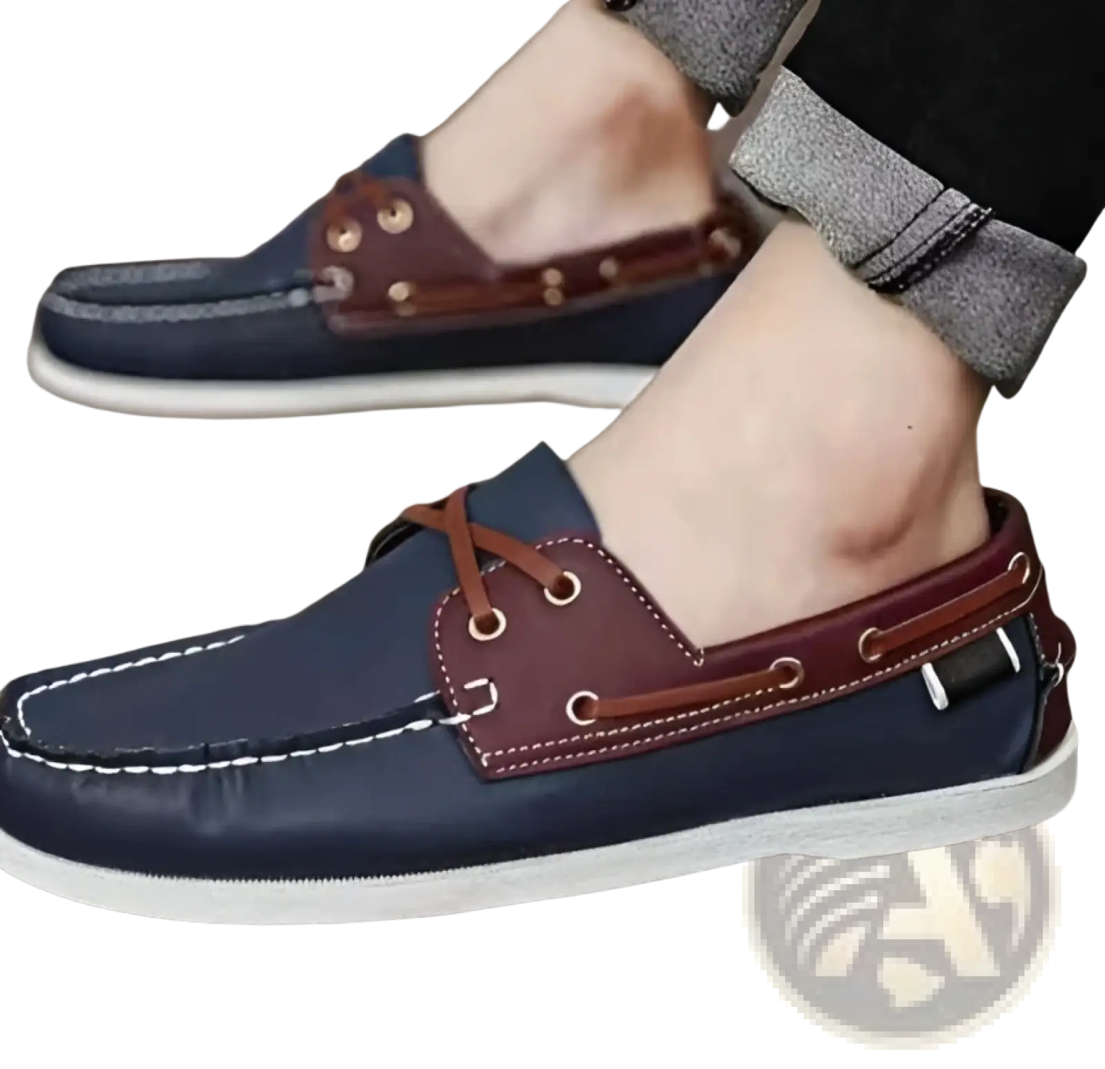 Men’s leather boat shoes in navy blue and brown with white stitching and rubber sole for business casual wear