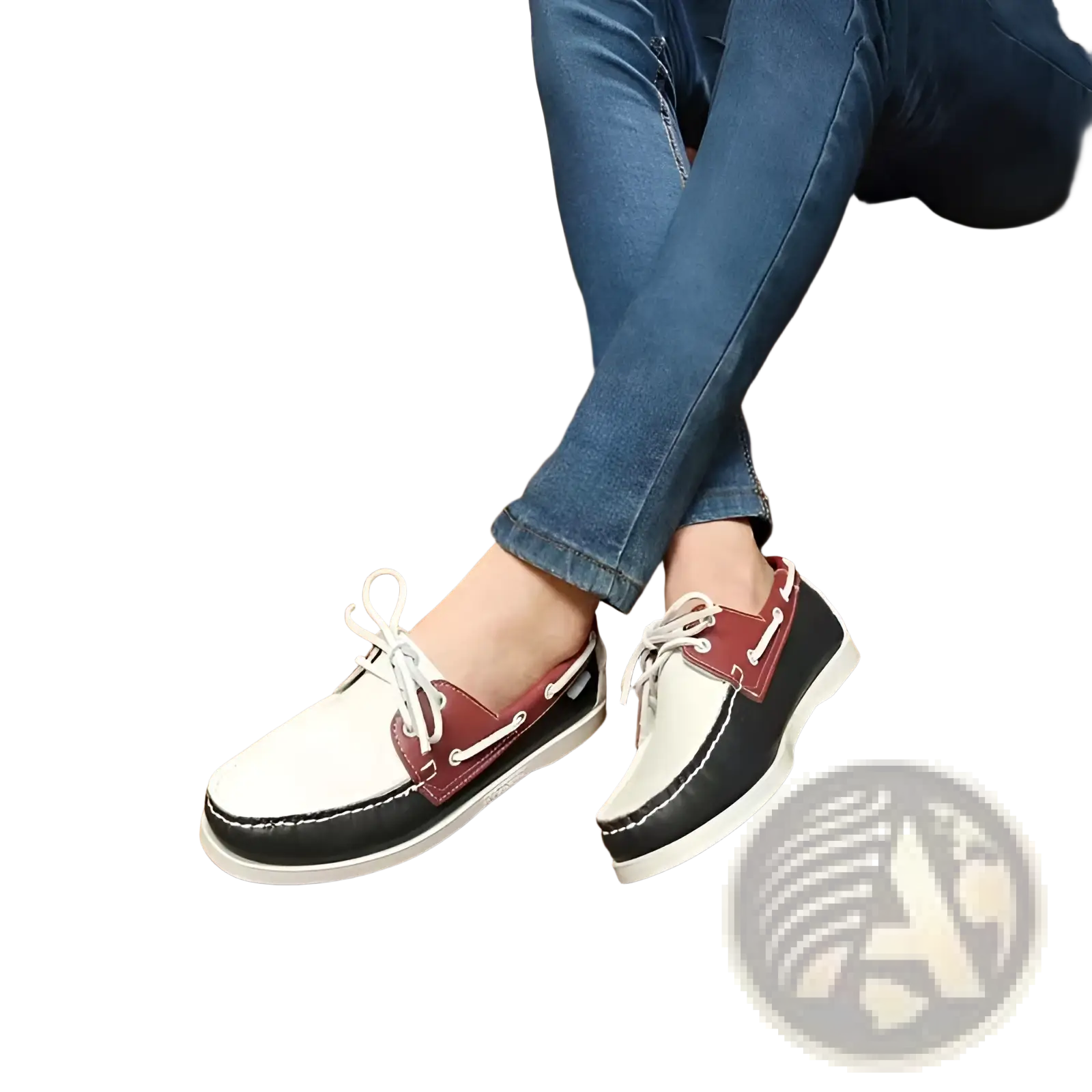 Men’s leather boat shoes in maroon and white with black accents designed for business casual wear