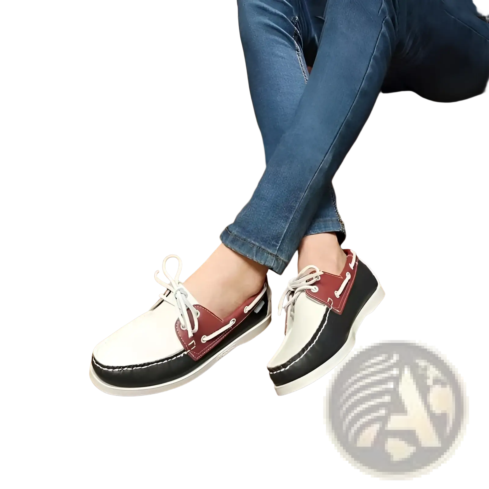 Men’s leather boat shoes business casual loafers in maroon and white leather with black accents
