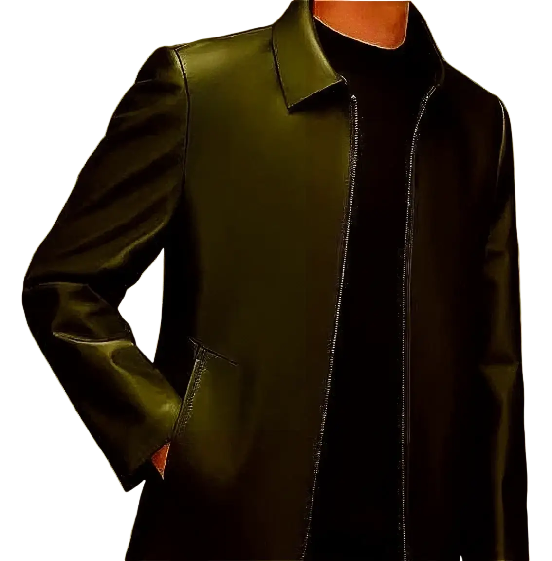 Mens black leather bomber jacket with fur collar featuring sleek glossy finish and silver zipper detailing