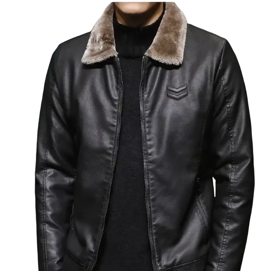 Mens leather bomber jacket in black with plush brown fur-lined collar and subtle embroidered chest patch