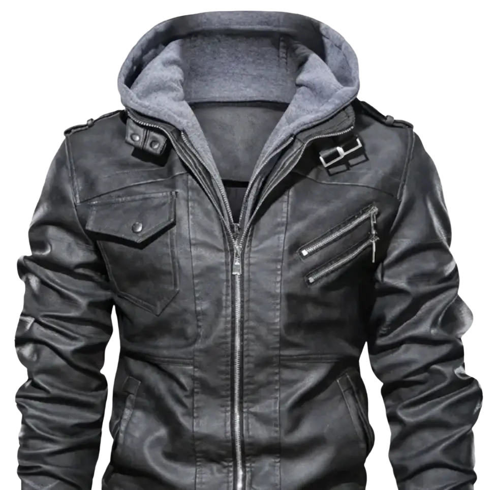Mens leather bomber jacket with black faux leather hood gray fleece lining and silver zippers visible from the front