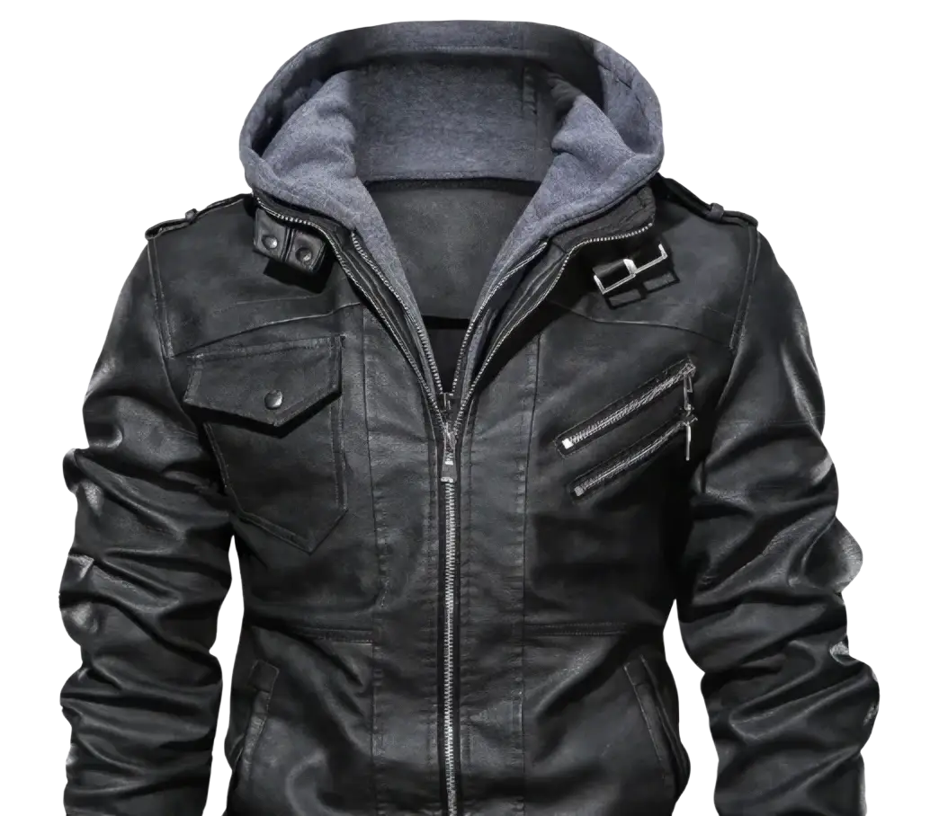 Mens leather bomber jacket with black faux leather exterior, gray fleece-lined hood, and silver zipper details