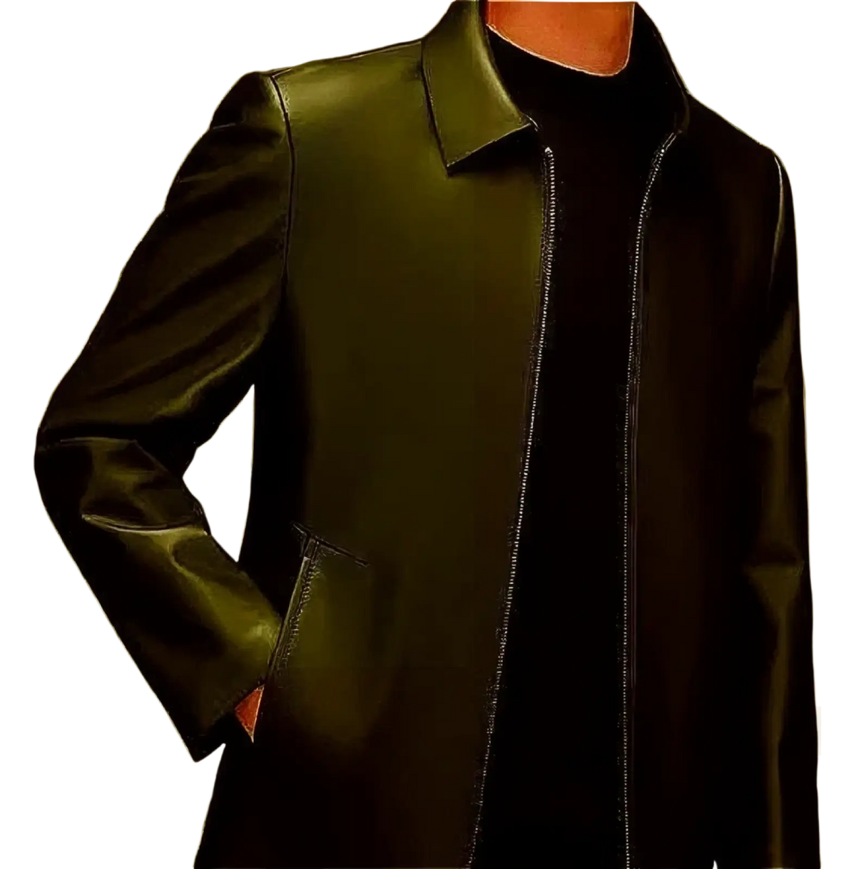 Mens black leather bomber jacket with fur collar featuring sleek glossy finish and silver zipper detailing