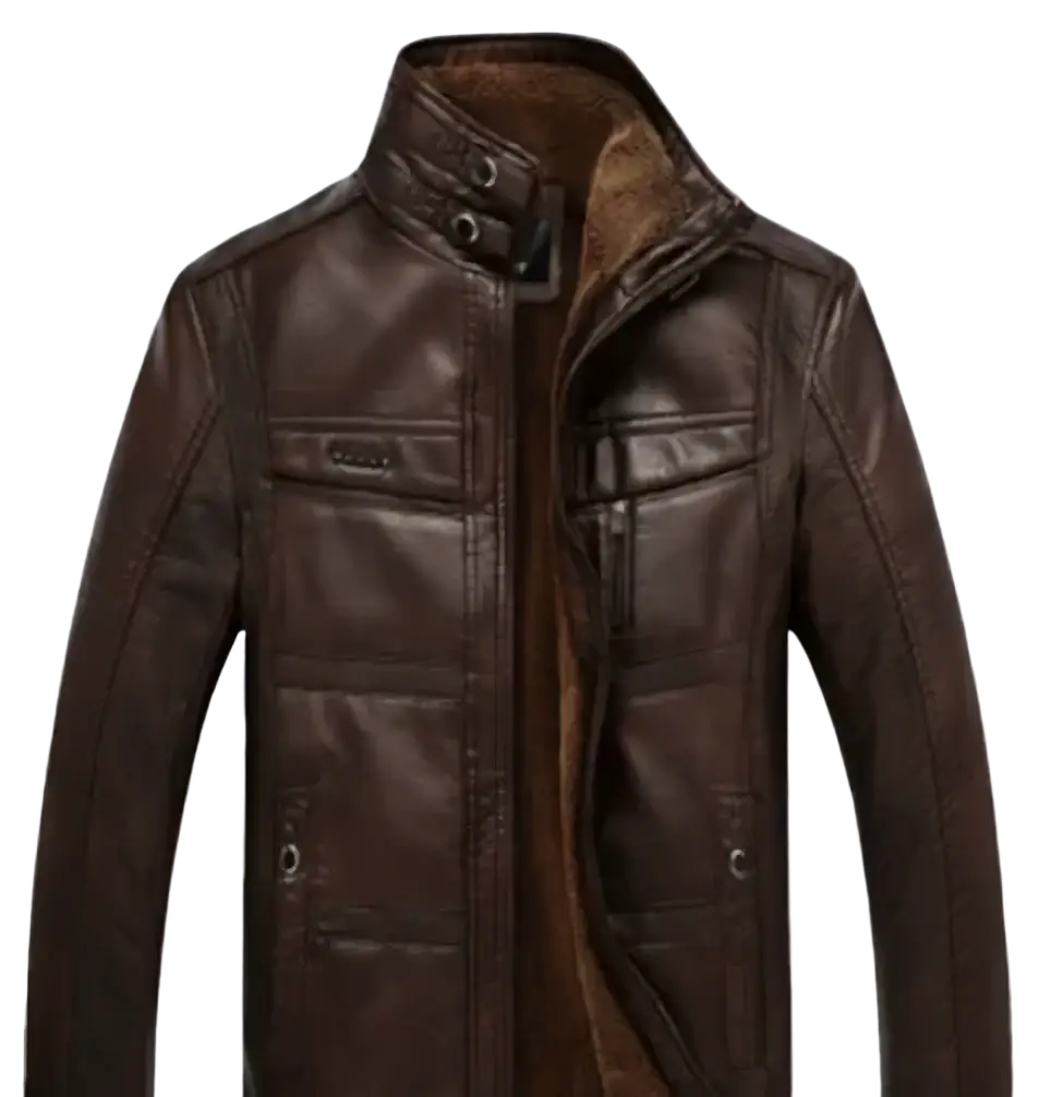 Mens leather bomber jacket in brown with plush lighter brown fleece lining and multiple flap pockets