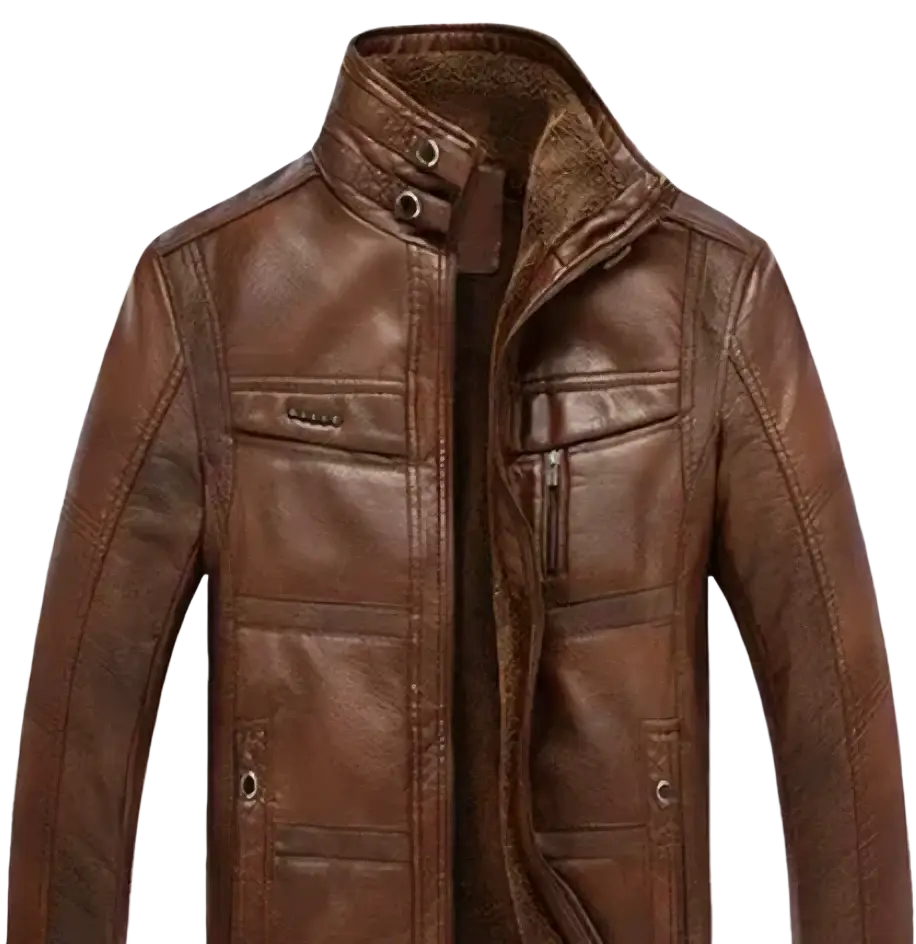 Mens brown leather bomber jacket with fur collar high collar and multiple pockets in brown leather
