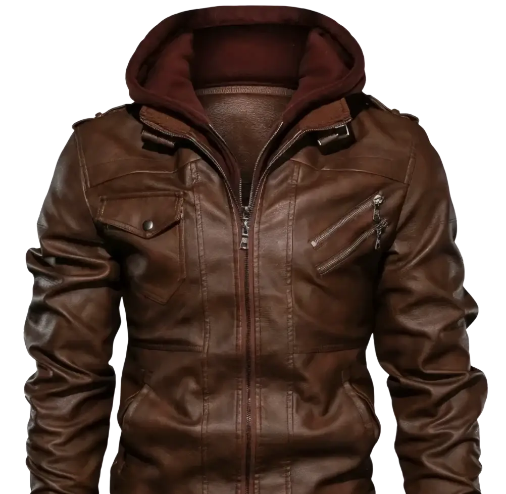 Mens leather bomber jacket with fur collar brown leather hooded design and maroon inner lining with multiple zippered pockets