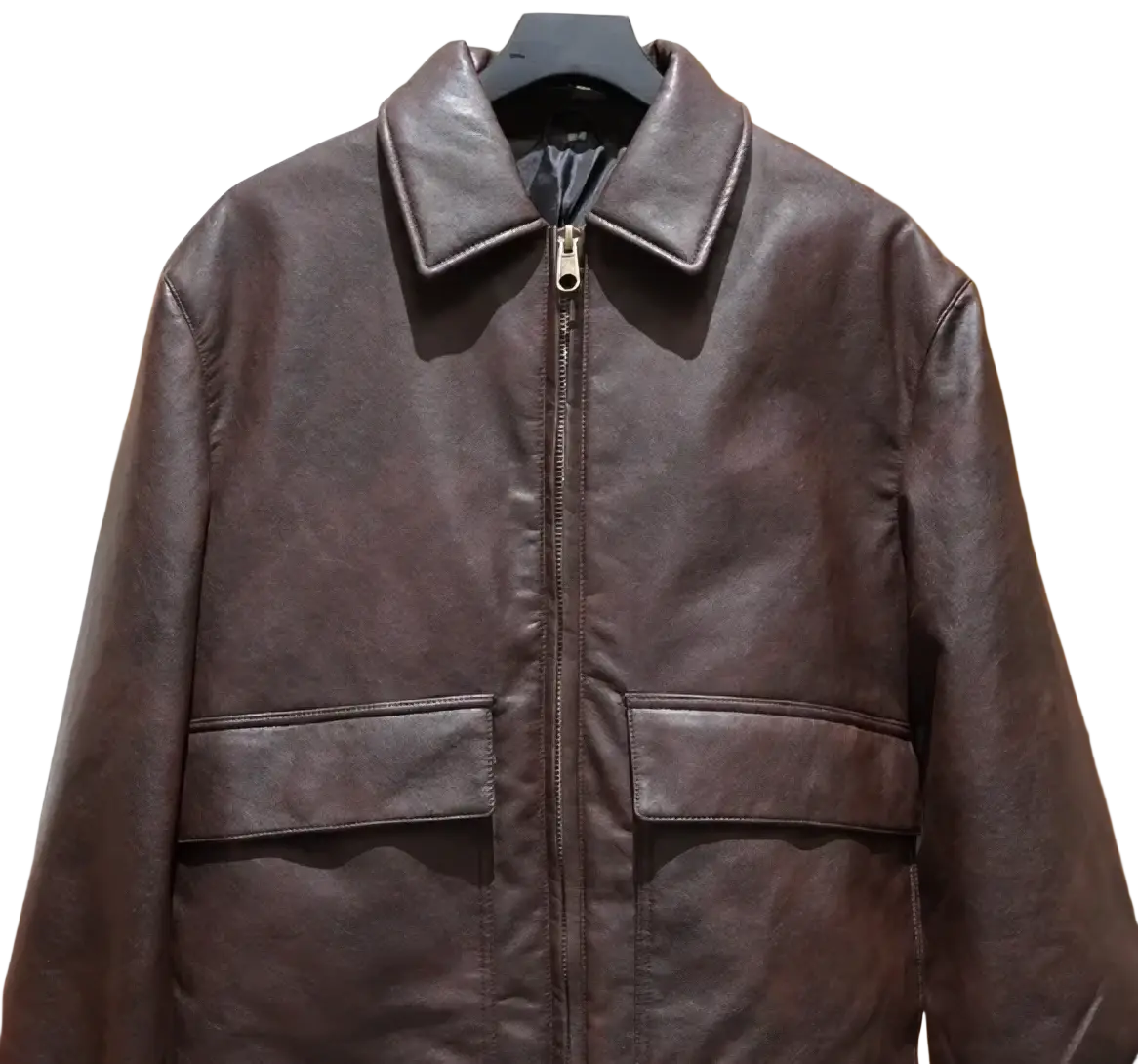 Dark brown mens leather bomber jacket with classic collar and front zipper featuring a fur collar
