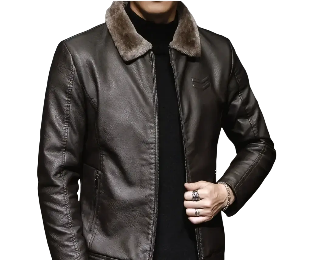 Mens leather bomber jacket in dark brown with a plush light-colored fur-lined collar for warmth and style
