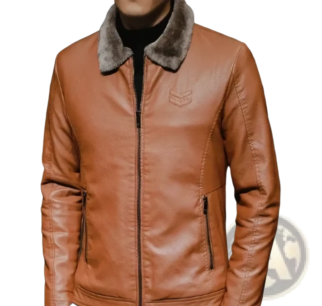 Mens leather bomber jacket in tan faux leather with a plush gray shearling collar and embroidered chest logo