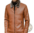 Mens leather bomber jacket in tan faux leather with a plush gray shearling collar and embroidered chest logo
