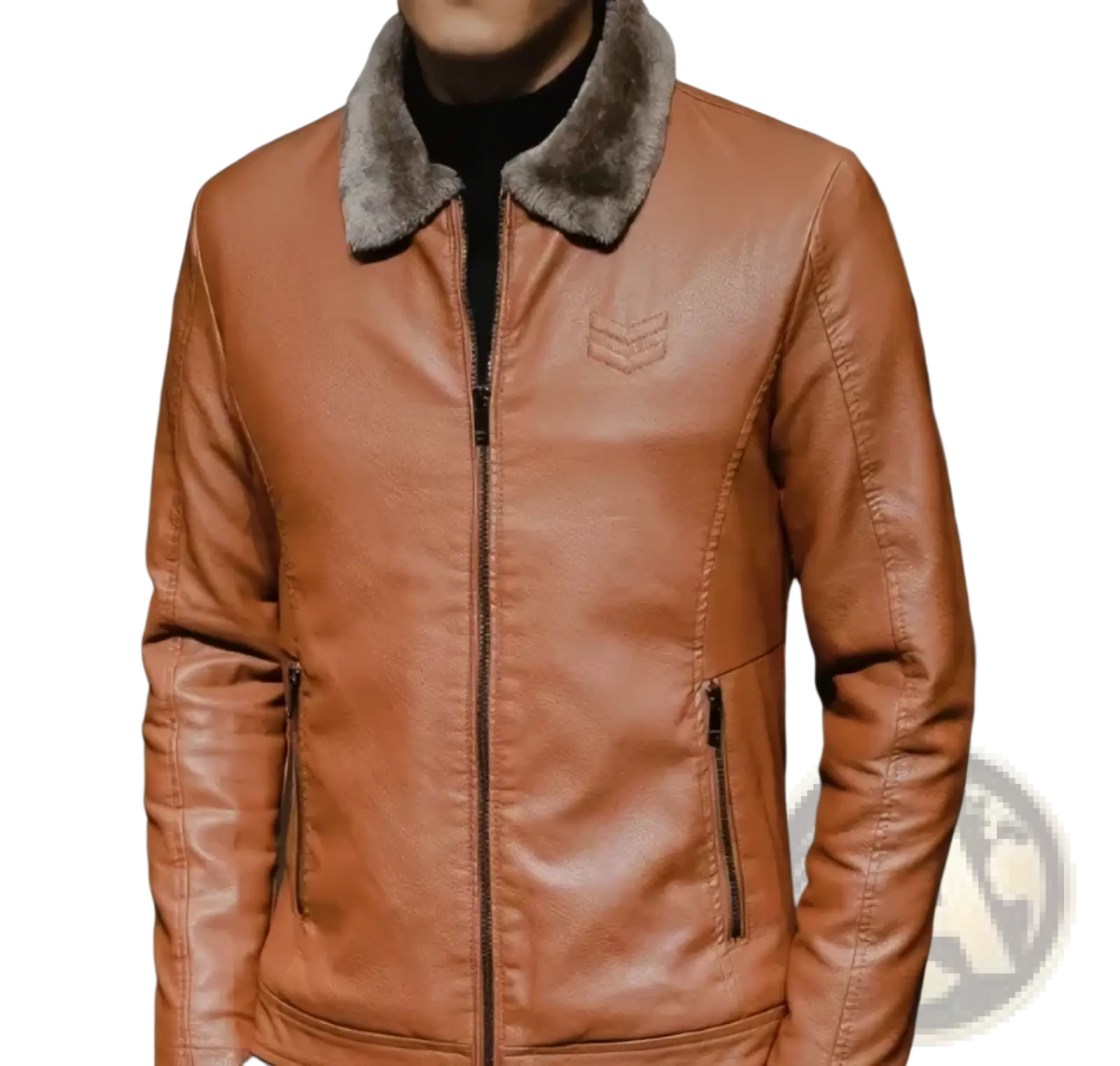 Mens leather bomber jacket in tan faux leather with a plush gray shearling collar and embroidered chest logo