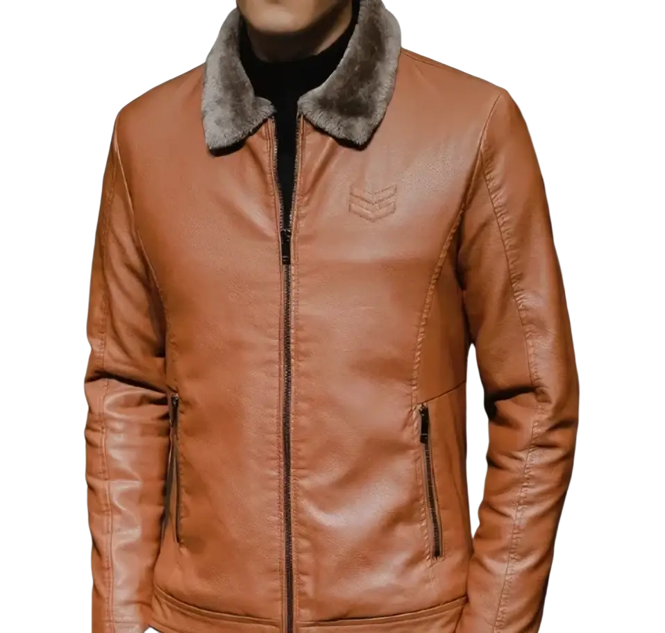 Mens leather bomber jacket in tan faux leather with a plush gray shearling collar and embroidered chest logo