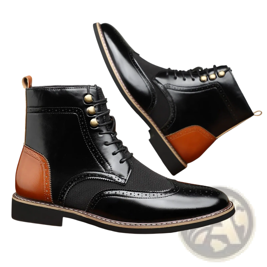 Men’s two tone black and brown leather brogue boots with gold tone eyelets high top shoes