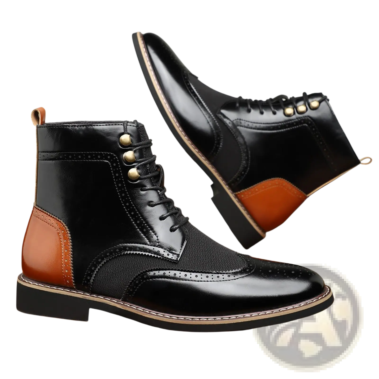 Men’s two tone black and brown leather brogue boots with gold tone eyelets high top shoes