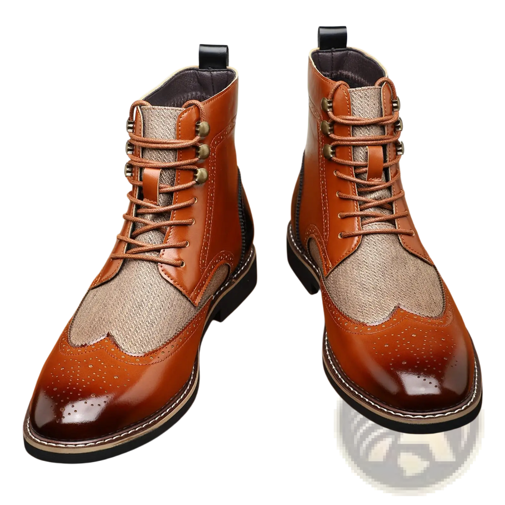 Men’s leather brogue boots with brown leather, beige fabric panel, lace-up design, and decorative brogue detailing