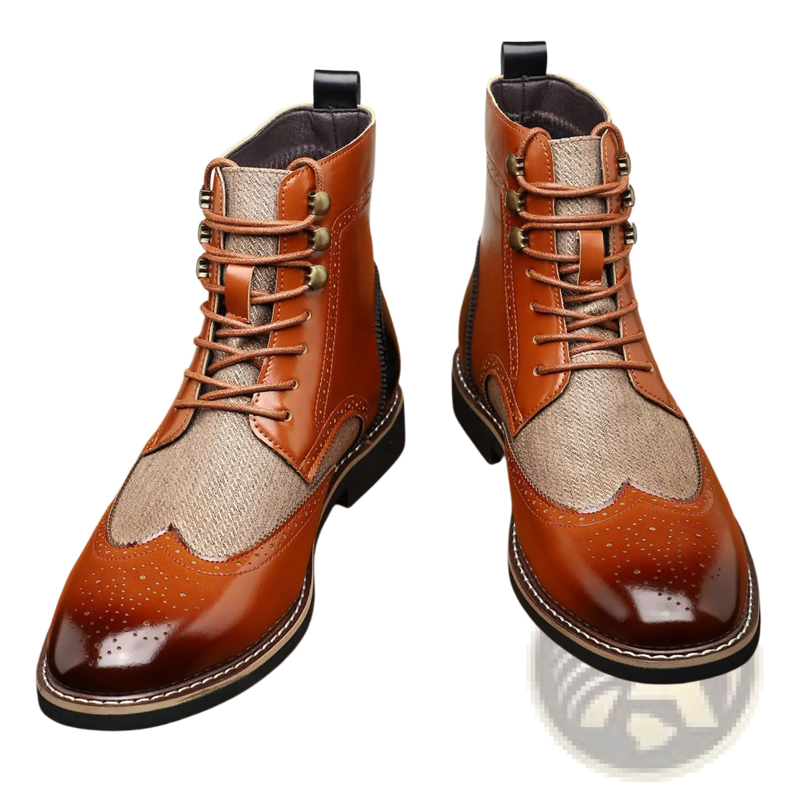 Men’s leather brogue boots with brown leather, beige fabric panel, lace-up design, and decorative brogue detailing