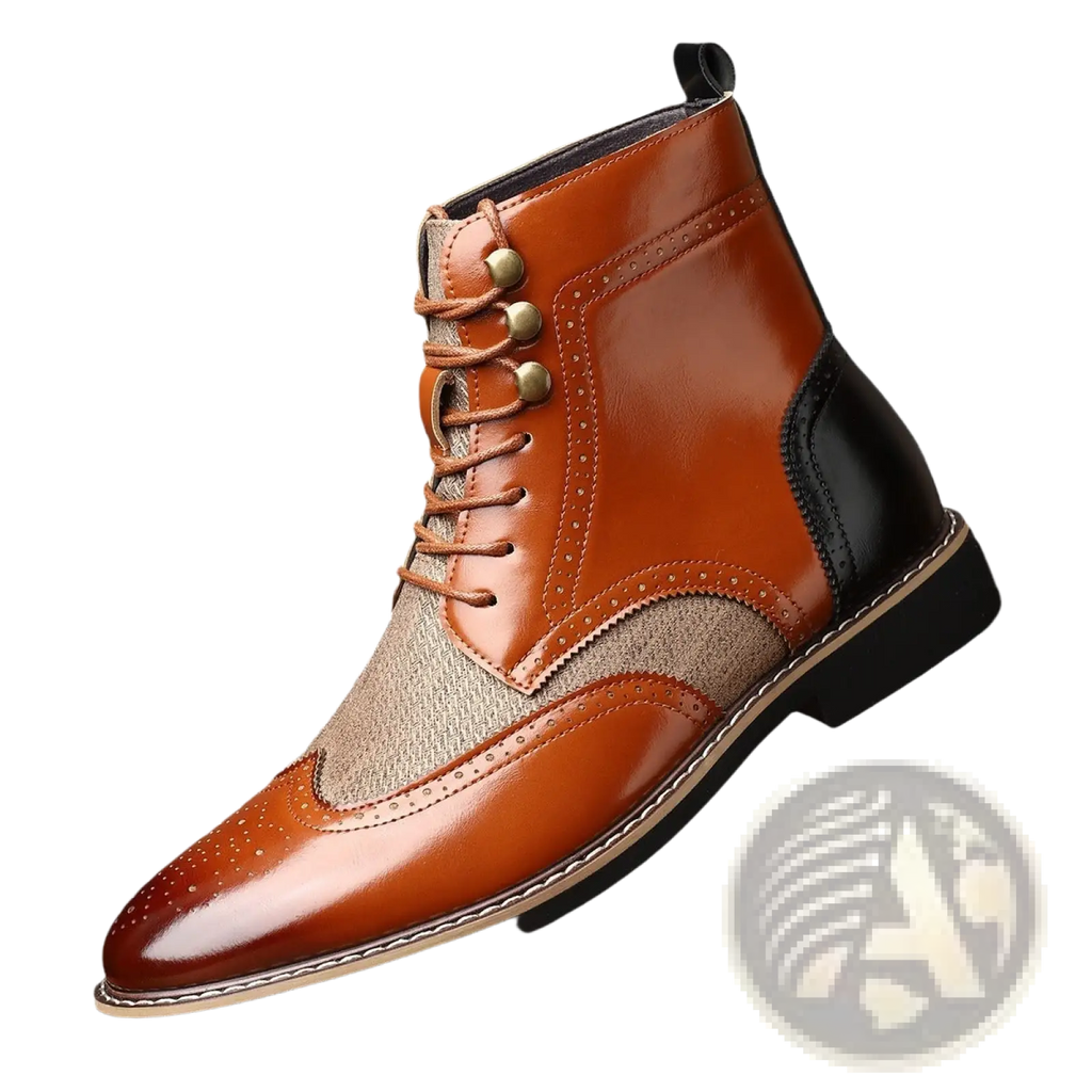 Men’s leather brogue boots in two tone brown and black with pointed toe decorative stitching and tan laces