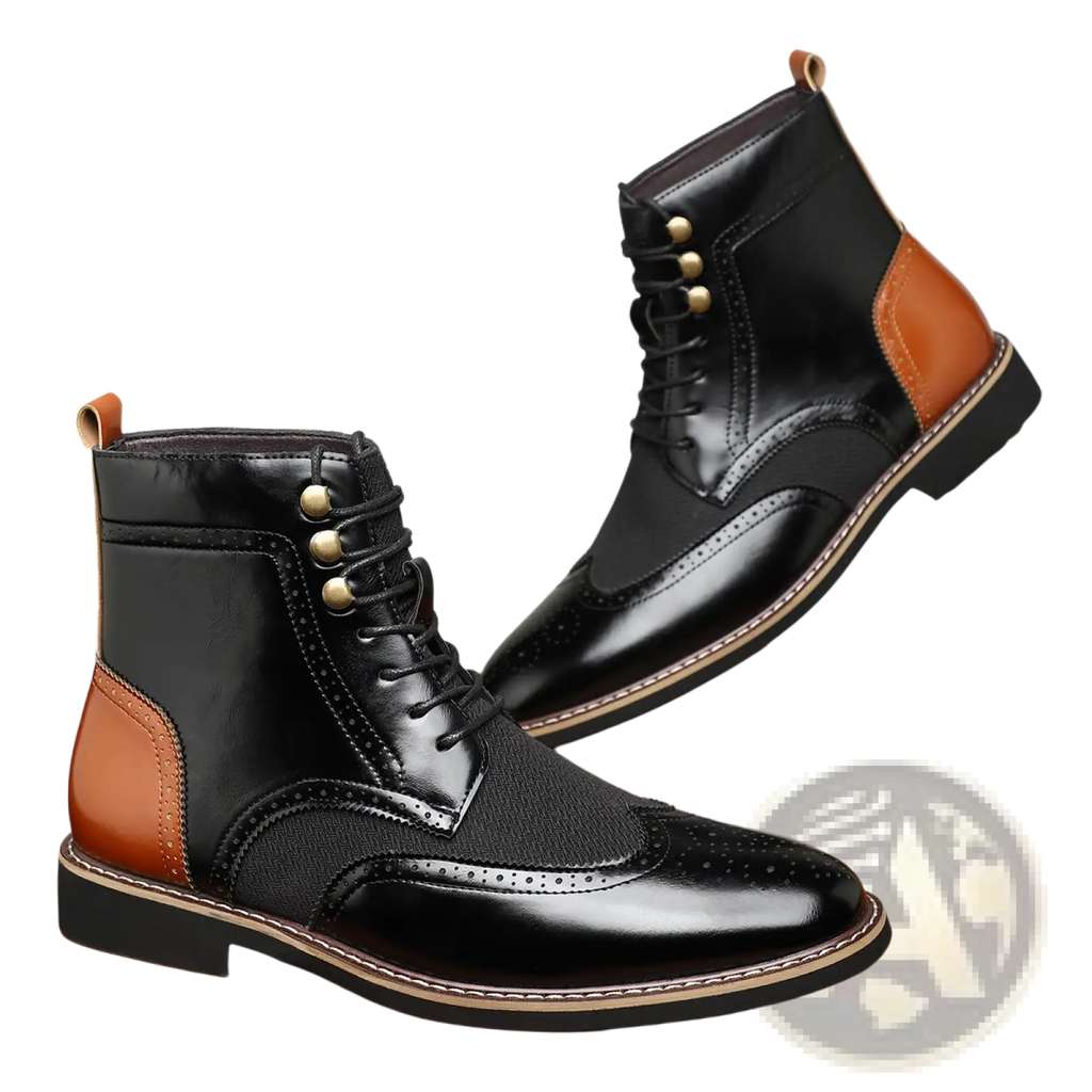 Men’s black and tan leather brogue boots with lace-up high top design and detailed craftsmanship