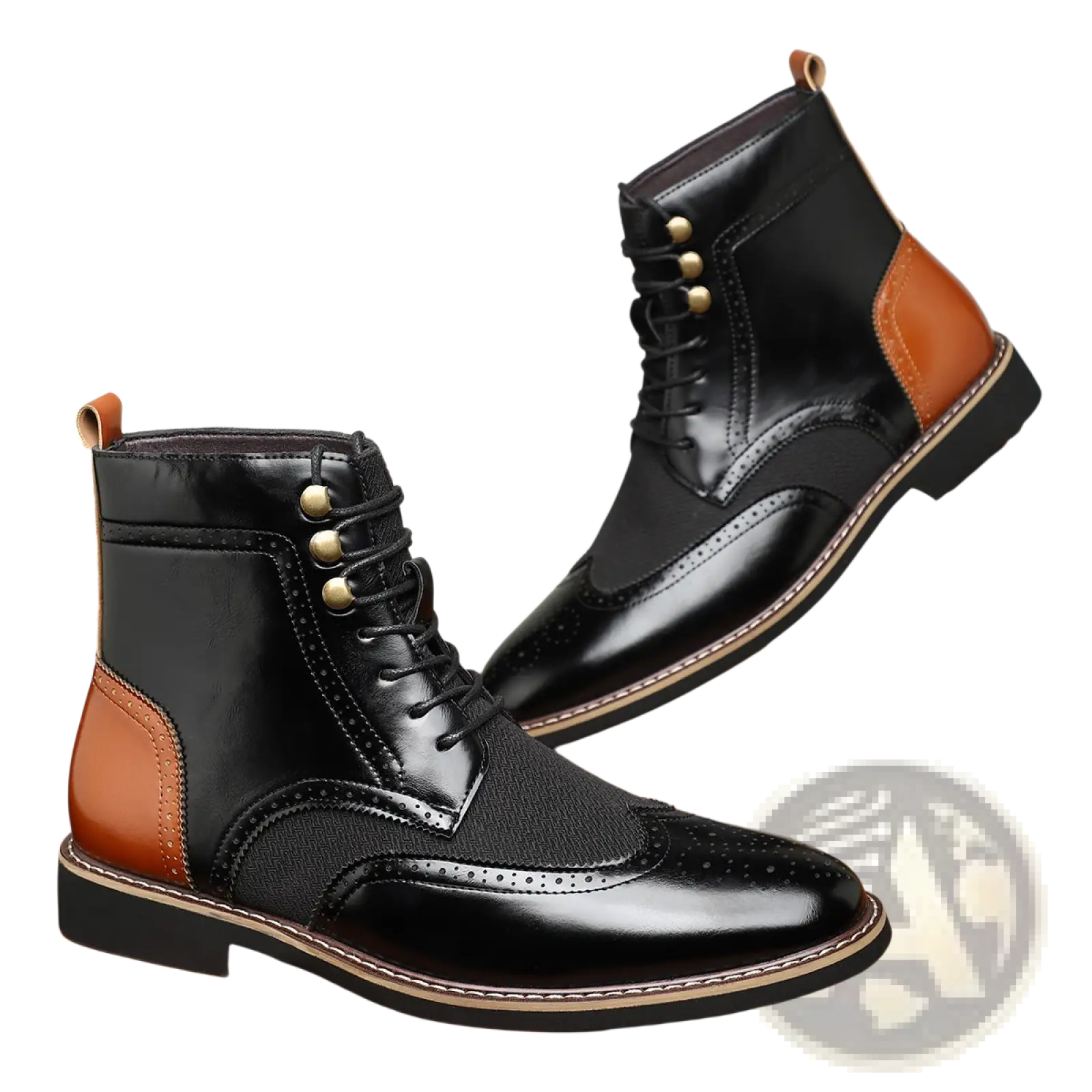 Men’s black and tan leather brogue boots with lace-up high top design and detailed craftsmanship