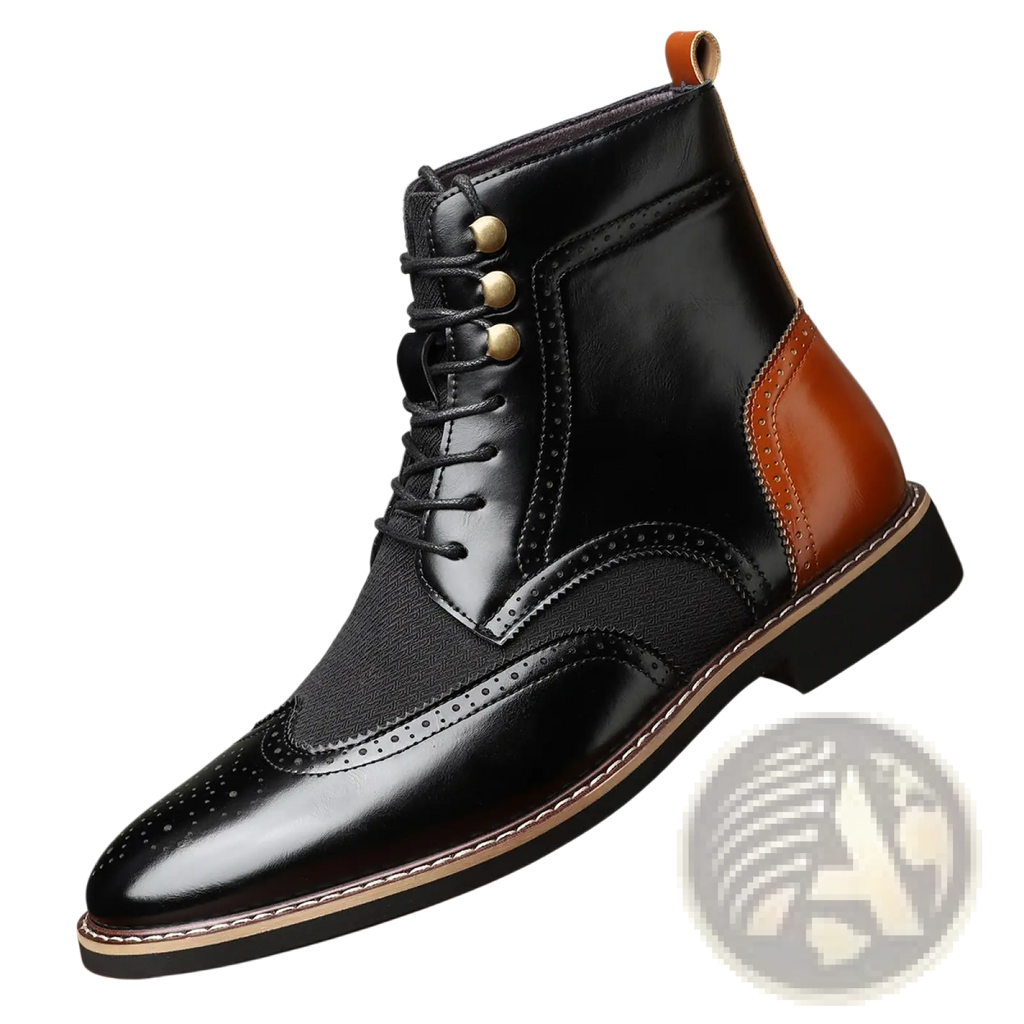 Men’s two tone black and brown leather brogue boots with gold tone eyelets and lace up high top design