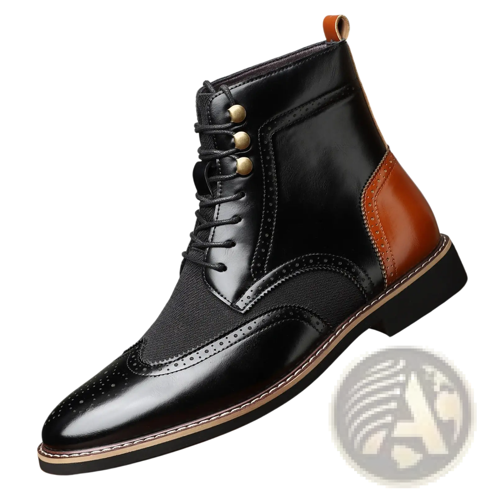 Men’s two tone black and brown leather brogue boots with gold tone eyelets and lace up high top design