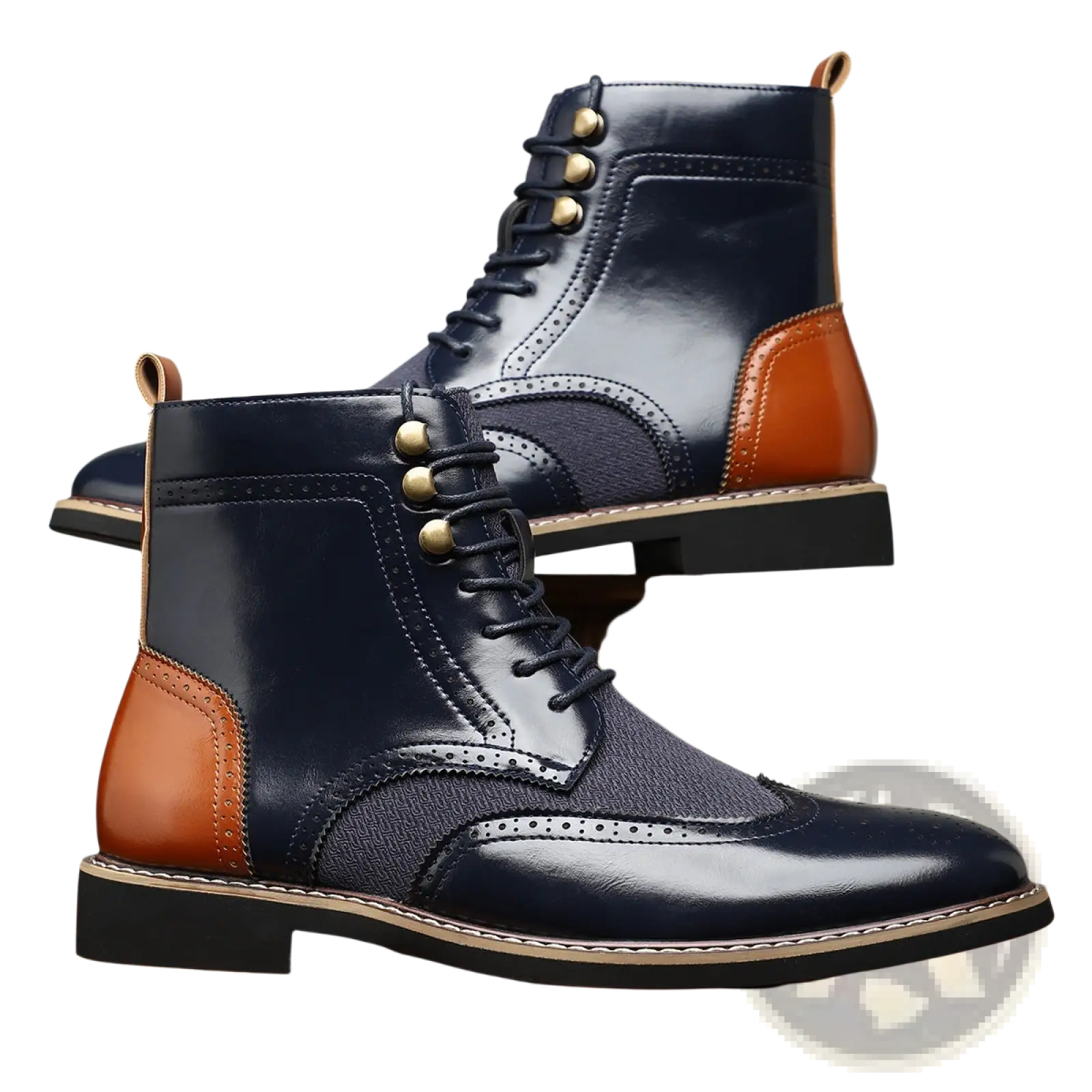 Men’s two tone dark blue and tan leather brogue high top boots with gold tone eyelets and lace up design