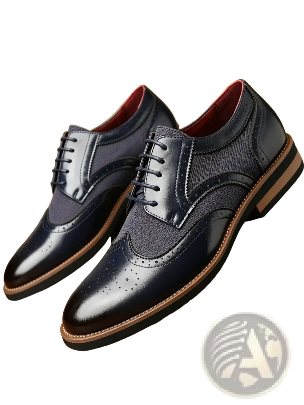 Men’s leather brogue business dress shoes in dark blue with contrasting tan soles and red lining