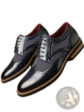 Men’s leather brogue business dress shoes in dark blue with contrasting tan soles and red lining