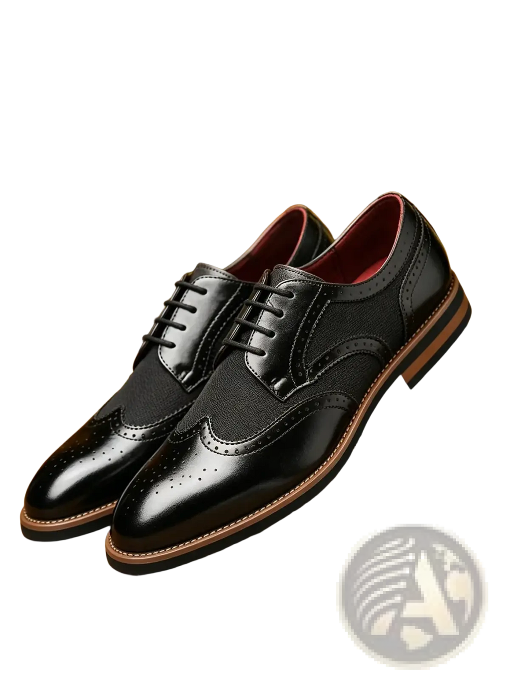Men’s black leather brogue business dress shoes with glossy finish and contrasting tan soles