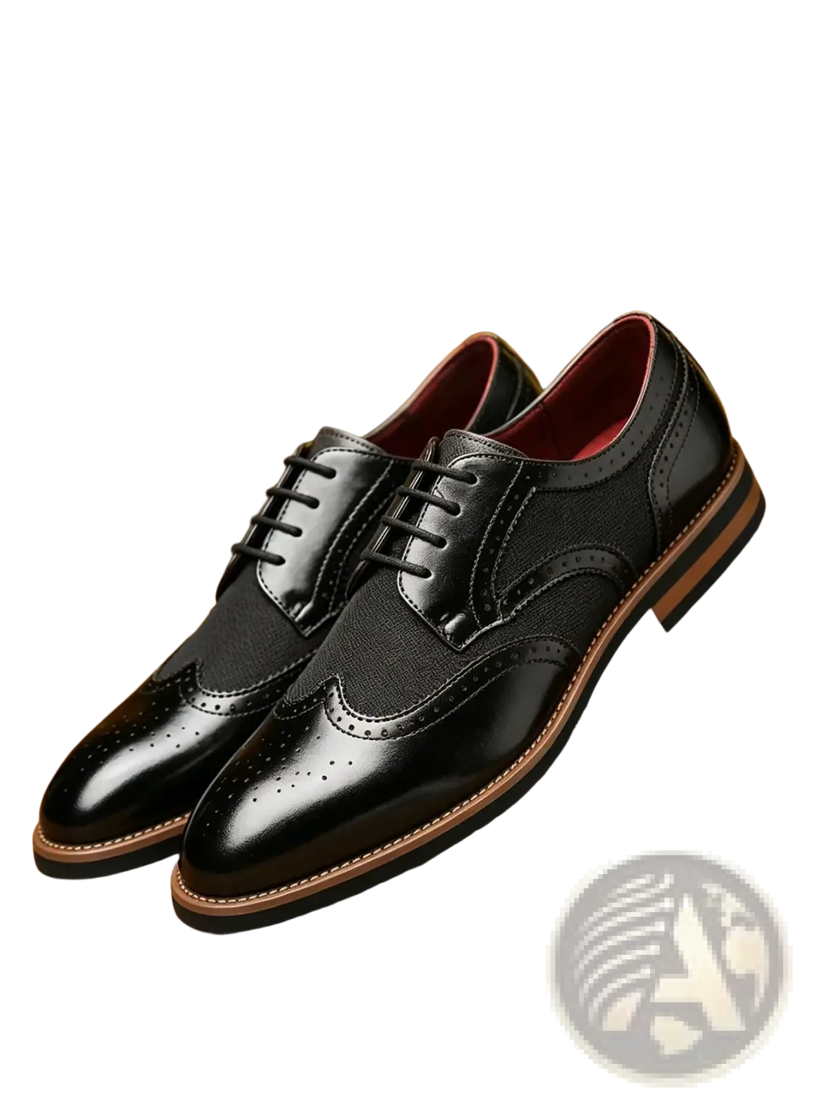 Men’s black leather brogue business dress shoes with glossy finish and contrasting tan soles
