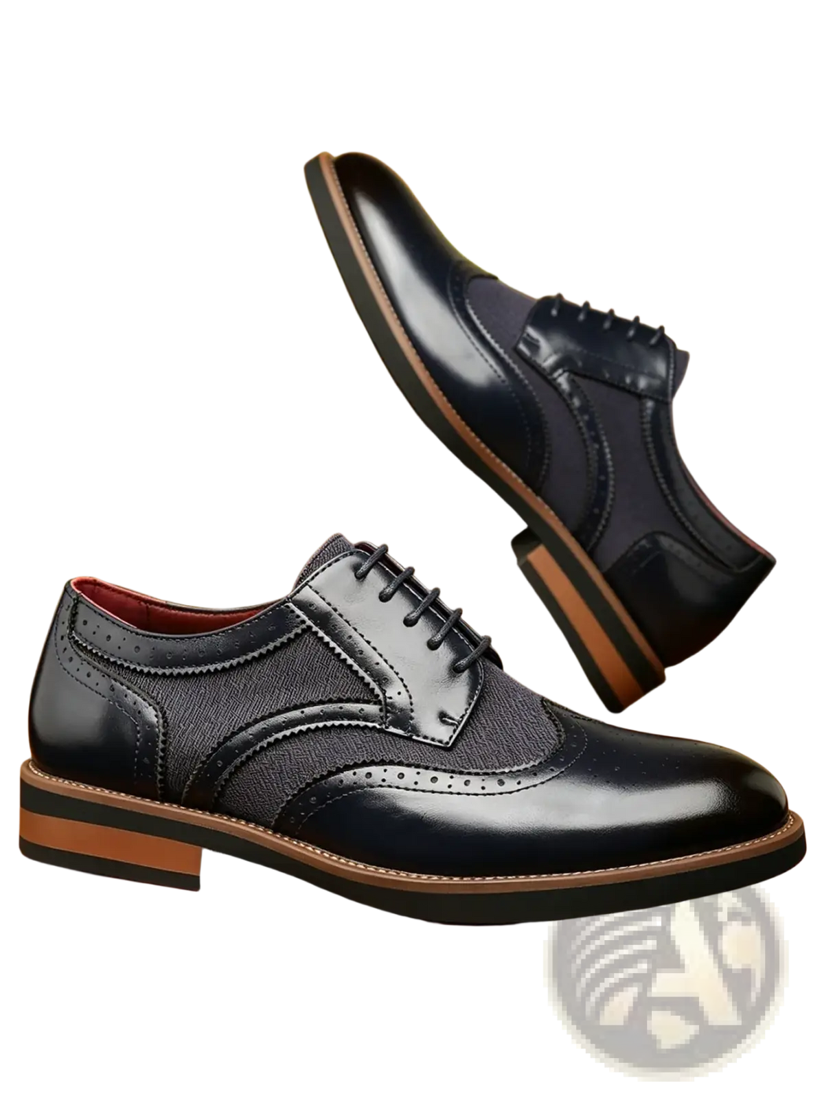 Men’s leather brogue business dress shoes in black with a glossy finish and contrasting tan soles