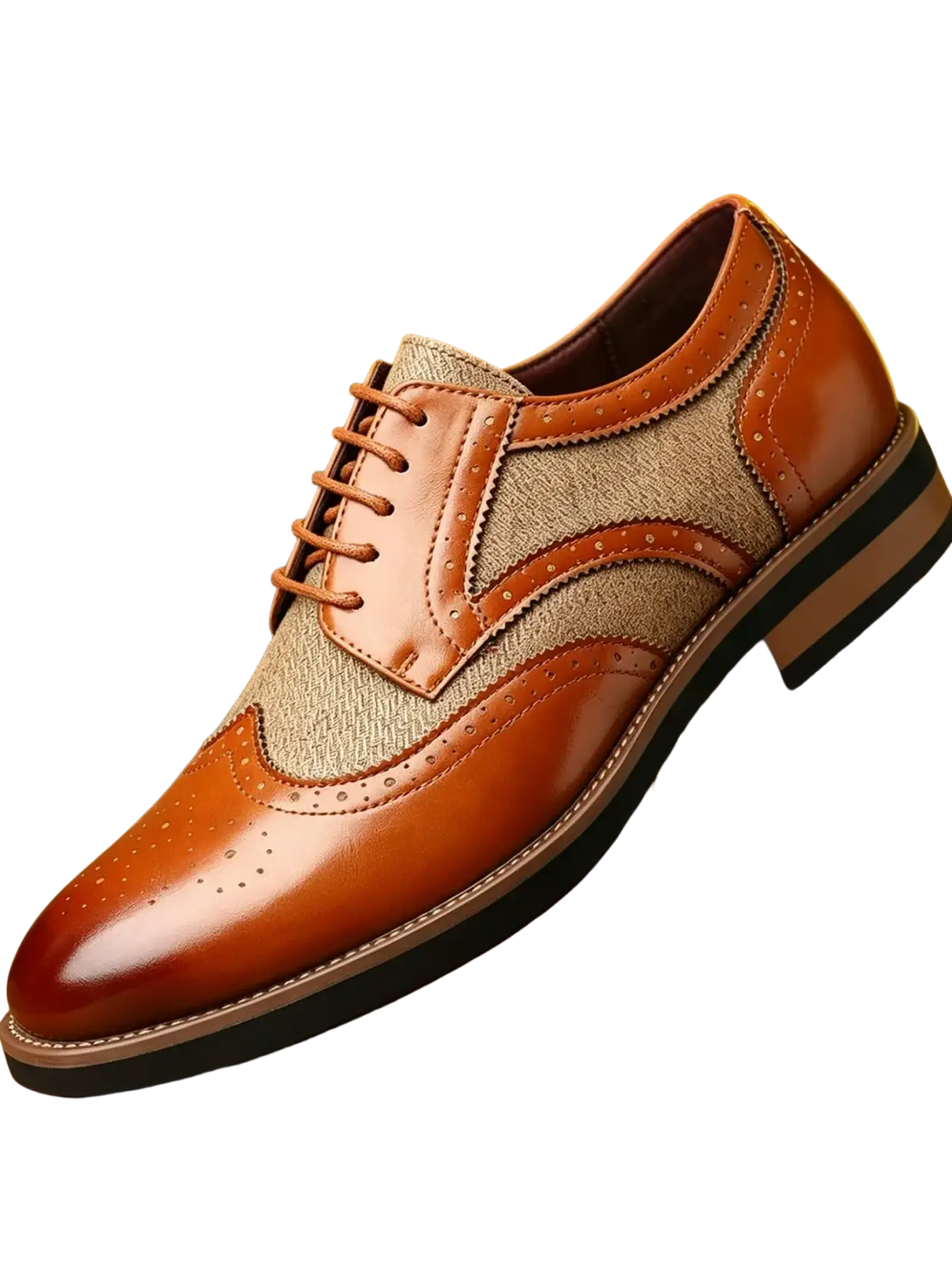 Men’s leather brogue business dress shoes in brown with beige fabric panel and decorative detailing
