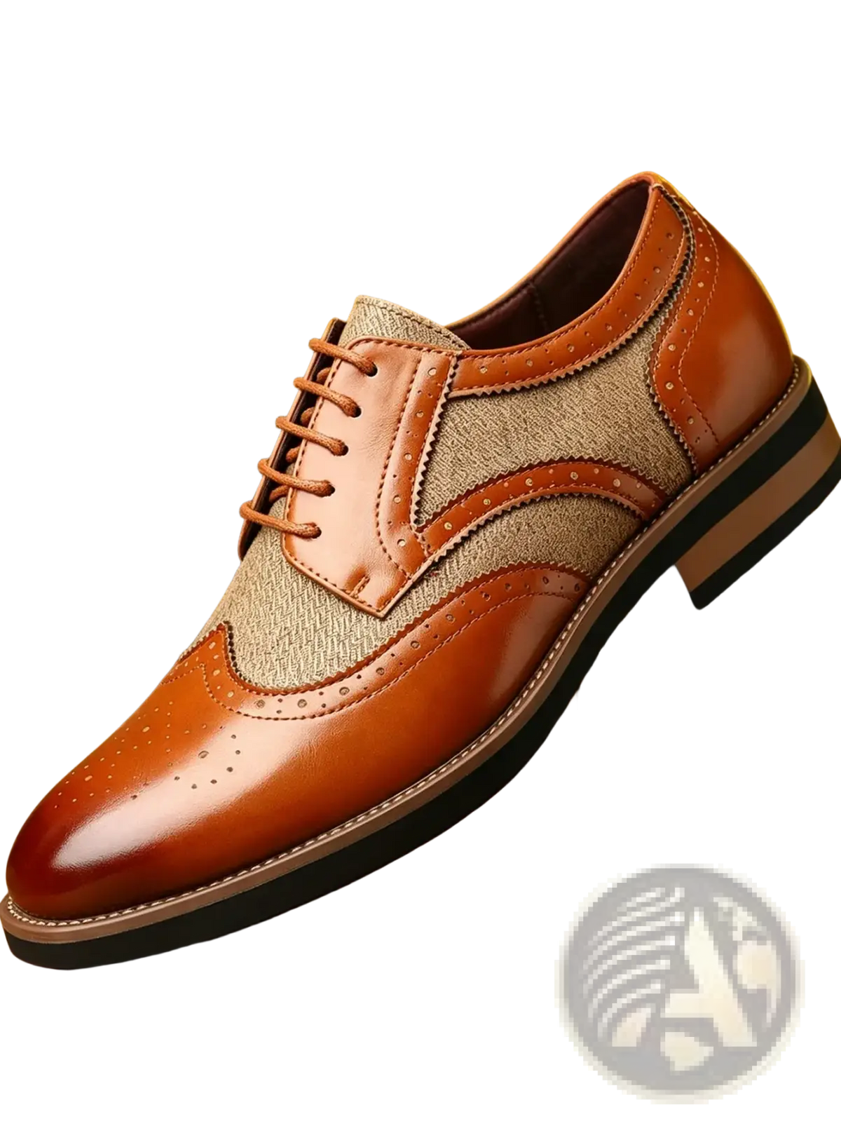 Men’s leather brogue business dress shoes in brown with beige fabric panel and decorative detailing