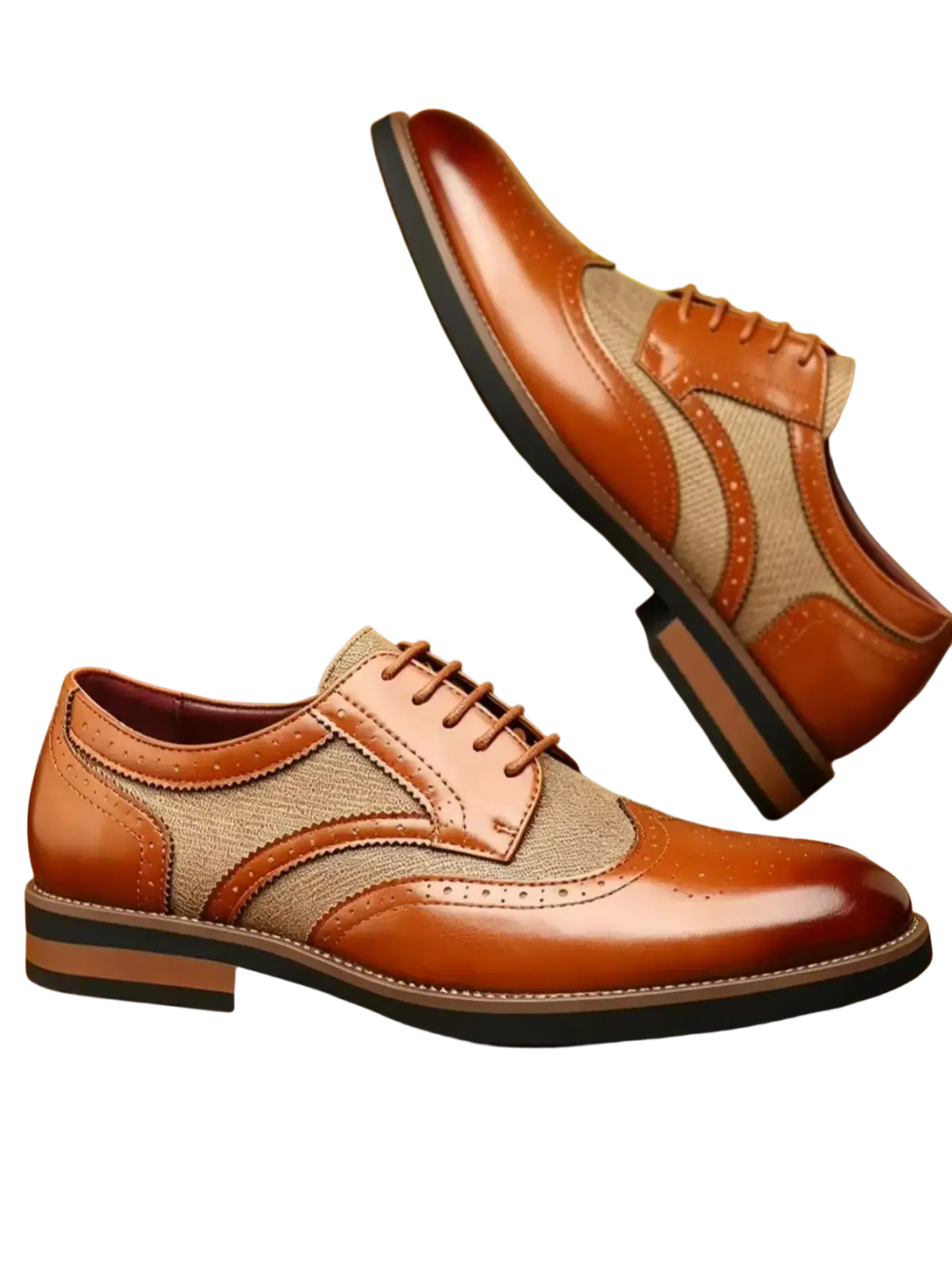 Men’s leather brogue business dress shoes in brown and tan with textured fabric panel for formal occasions