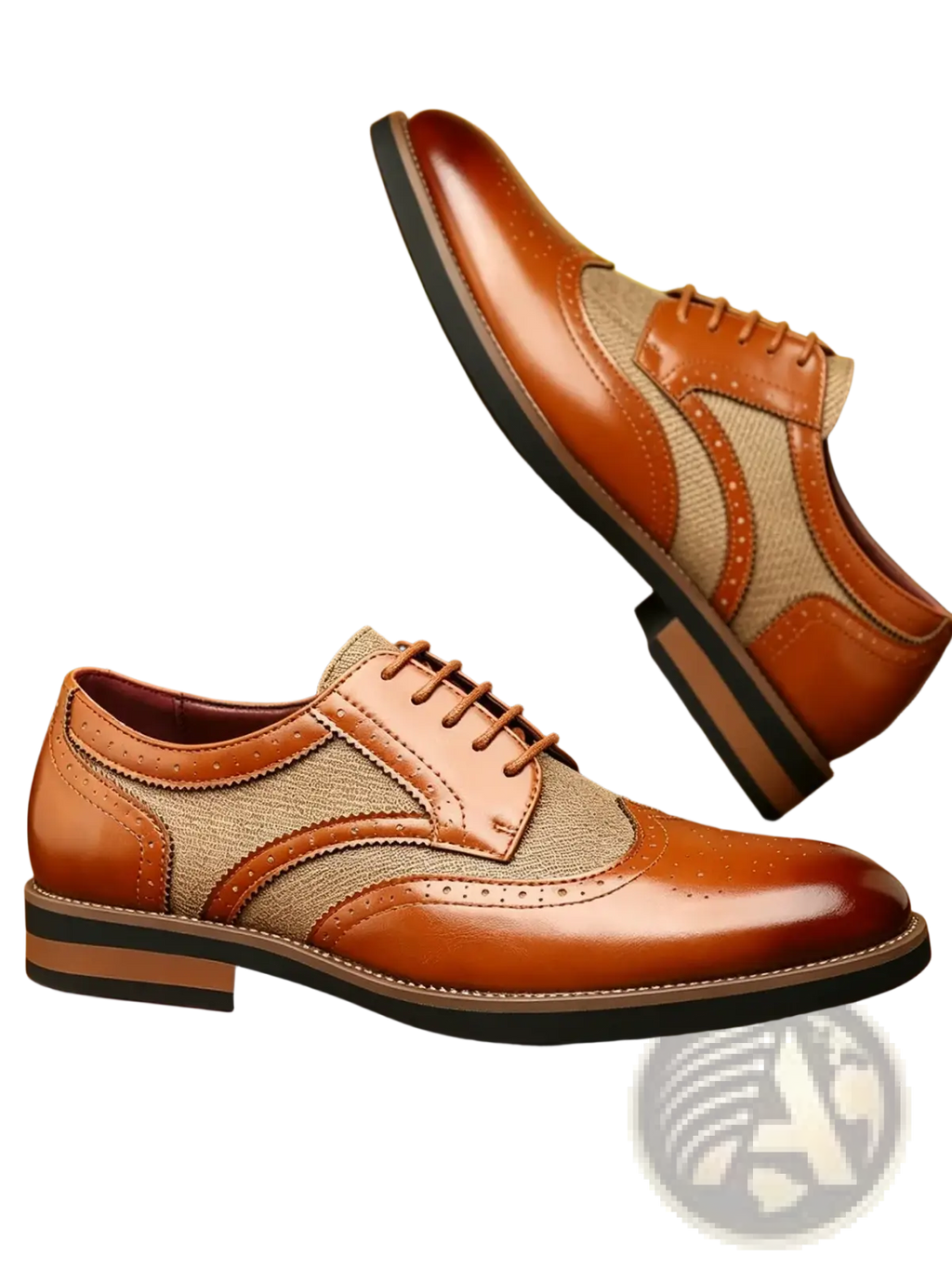 Men’s leather brogue business dress shoes in brown and tan with textured fabric panel detailing