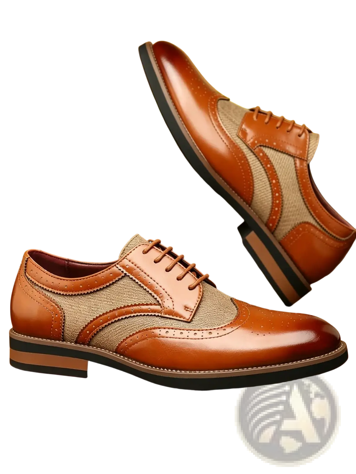 Men’s leather brogue business dress shoes in brown and tan with textured fabric panel detailing