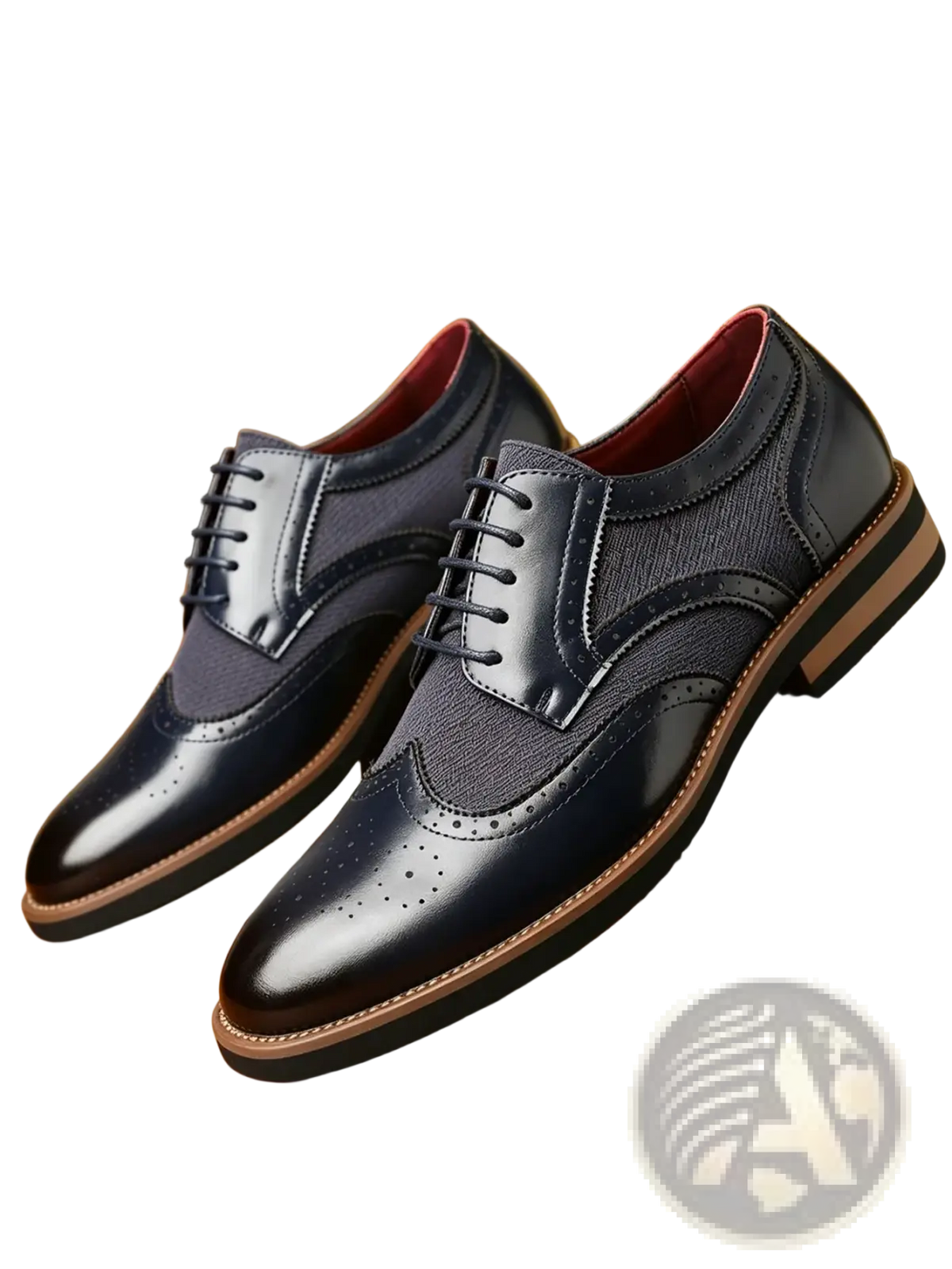Men’s leather brogue business dress shoes in dark blue with tan soles and red lining showcasing classic craftsmanship