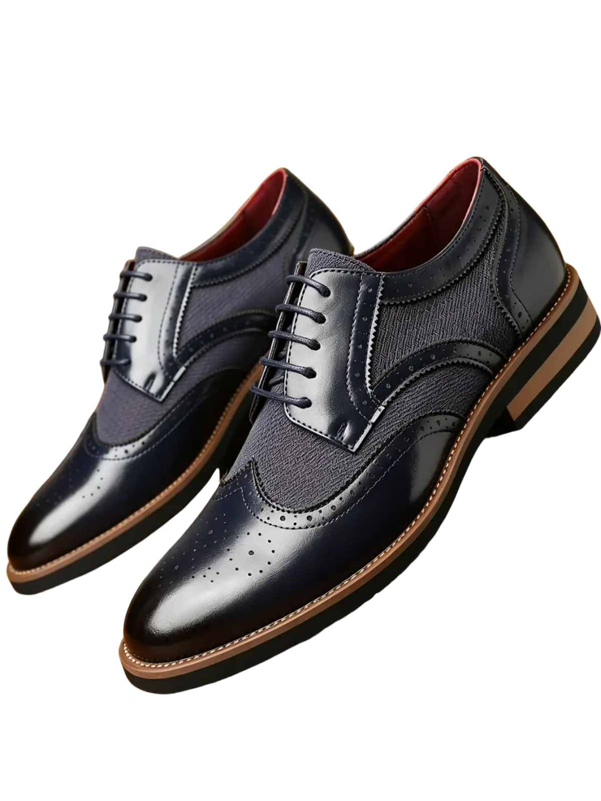 Men’s leather brogue business dress shoes in dark blue with contrasting tan soles and red lining